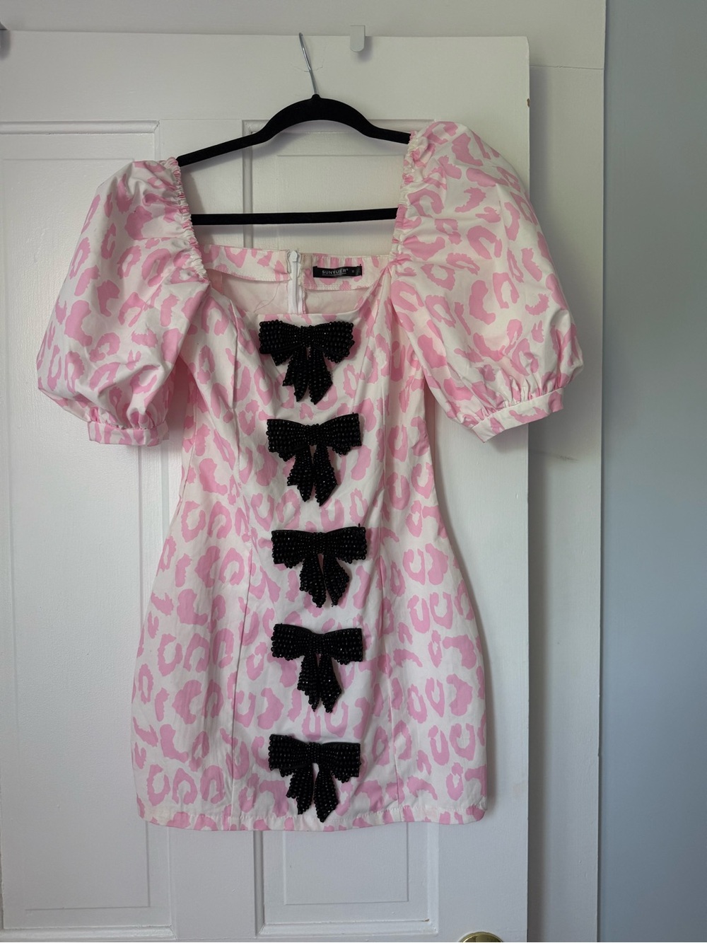 Pink Leopard Puff Sleeve Mini Dress with Black Bow Accents